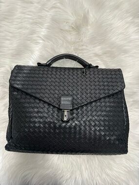 Bottega Veneta Black Woven Leather Briefcase - Classic  Work Bag